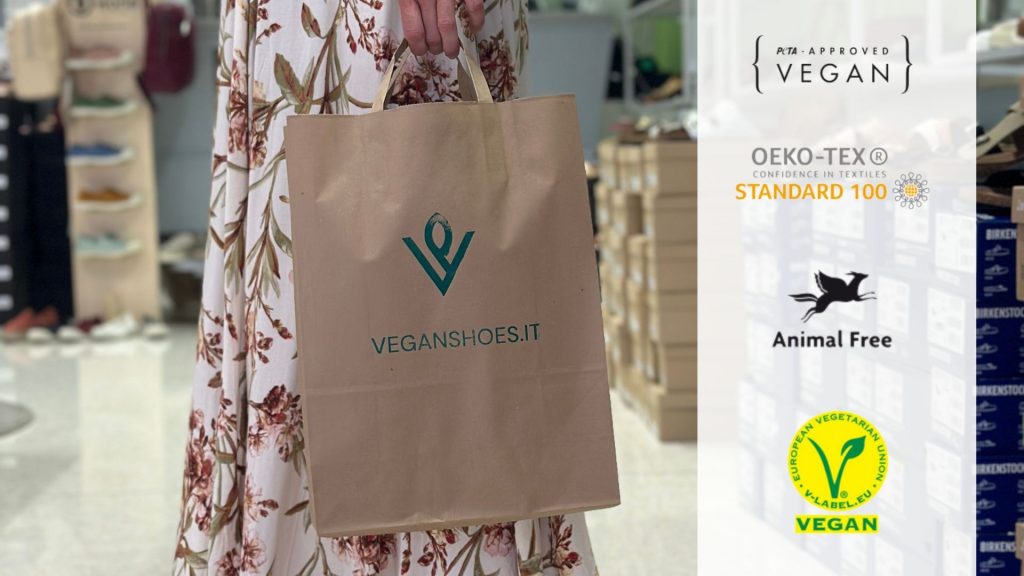 Sacchetto vegan shoes con affianco certificazioni